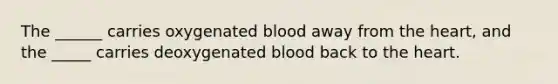 The ______ carries oxygenated blood away from the heart, and the _____ carries deoxygenated blood back to the heart.