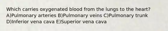 Which carries oxygenated blood from the lungs to the heart? A)Pulmonary arteries B)Pulmonary veins C)Pulmonary trunk D)Inferior vena cava E)Superior vena cava