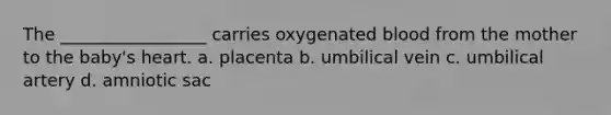 The _________________ carries oxygenated blood from the mother to the baby's heart. a. placenta b. umbilical vein c. umbilical artery d. amniotic sac