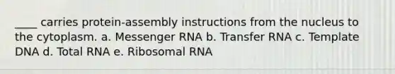 ____ carries protein-assembly instructions from the nucleus to the cytoplasm. a. <a href='https://www.questionai.com/knowledge/kDttgcz0ig-messenger-rna' class='anchor-knowledge'>messenger rna</a> b. <a href='https://www.questionai.com/knowledge/kYREgpZMtc-transfer-rna' class='anchor-knowledge'>transfer rna</a> c. Template DNA d. Total RNA e. Ribosomal RNA