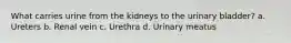 What carries urine from the kidneys to the urinary bladder? a. Ureters b. Renal vein c. Urethra d. Urinary meatus