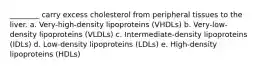 ________ carry excess cholesterol from peripheral tissues to the liver. a. Very-high-density lipoproteins (VHDLs) b. Very-low-density lipoproteins (VLDLs) c. Intermediate-density lipoproteins (IDLs) d. Low-density lipoproteins (LDLs) e. High-density lipoproteins (HDLs)