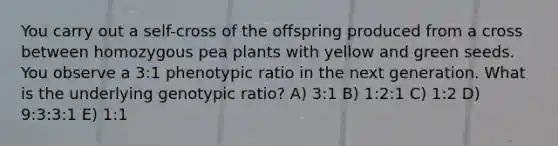 You carry out a self-cross of the offspring produced from a cross between homozygous pea plants with yellow and green seeds. You observe a 3:1 phenotypic ratio in the next generation. What is the underlying genotypic ratio? A) 3:1 B) 1:2:1 C) 1:2 D) 9:3:3:1 E) 1:1