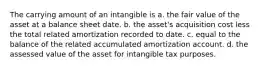 The carrying amount of an intangible is a. the fair value of the asset at a balance sheet date. b. the asset's acquisition cost less the total related amortization recorded to date. c. equal to the balance of the related accumulated amortization account. d. the assessed value of the asset for intangible tax purposes.