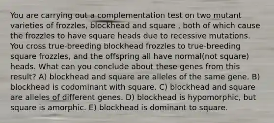 You are carrying out a complementation test on two mutant varieties of frozzles, blockhead and square , both of which cause the frozzles to have square heads due to recessive mutations. You cross true-breeding blockhead frozzles to true-breeding square frozzles, and the offspring all have normal(not square) heads. What can you conclude about these genes from this result? A) blockhead and square are alleles of the same gene. B) blockhead is codominant with square. C) blockhead and square are alleles of different genes. D) blockhead is hypomorphic, but square is amorphic. E) blockhead is dominant to square.