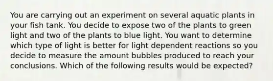 You are carrying out an experiment on several aquatic plants in your fish tank. You decide to expose two of the plants to green light and two of the plants to blue light. You want to determine which type of light is better for light dependent reactions so you decide to measure the amount bubbles produced to reach your conclusions. Which of the following results would be expected?