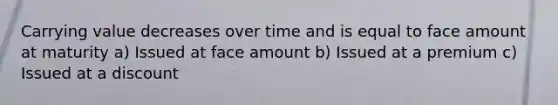 Carrying value decreases over time and is equal to face amount at maturity a) Issued at face amount b) Issued at a premium c) Issued at a discount