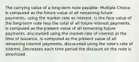 The carrying value of a long-term note payable: Multiple Choice Is computed as the future value of all remaining future payments, using the market rate as interest. Is the face value of the long-term note less the total of all future interest payments. Is computed as the present value of all remaining future payments, discounted using the market rate of interest at the time of issuance. Is computed as the present value of all remaining interest payments, discounted using the note's rate of interest. Decreases each time period the discount on the note is amortized.