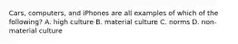 Cars, computers, and iPhones are all examples of which of the following? A. high culture B. material culture C. norms D. non-material culture