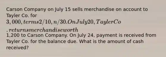 Carson Company on July 15 sells merchandise on account to Tayler Co. for 3,000, terms 2/10, n/30. On July 20, Tayler Co. returns merchandise worth1,200 to Carson Company. On July 24, payment is received from Tayler Co. for the balance due. What is the amount of cash received?