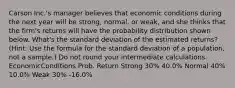 Carson Inc.'s manager believes that economic conditions during the next year will be strong, normal, or weak, and she thinks that the firm's returns will have the probability distribution shown below. What's the standard deviation of the estimated returns? (Hint: Use the formula for the standard deviation of a population, not a sample.) Do not round your intermediate calculations. EconomicConditions Prob. Return Strong 30% 40.0% Normal 40% 10.0% Weak 30% -16.0% ​