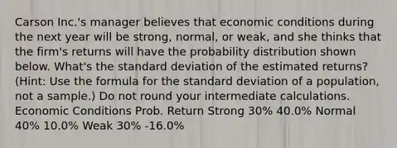 Carson Inc.'s manager believes that economic conditions during the next year will be strong, normal, or weak, and she thinks that the firm's returns will have the probability distribution shown below. What's the <a href='https://www.questionai.com/knowledge/kqGUr1Cldy-standard-deviation' class='anchor-knowledge'>standard deviation</a> of the estimated returns? (Hint: Use the formula for the standard deviation of a population, not a sample.) Do not round your intermediate calculations. Economic Conditions Prob. Return Strong 30% 40.0% Normal 40% 10.0% Weak 30% -16.0%