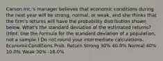 Carson Inc.'s manager believes that economic conditions during the next year will be strong, normal, or weak, and she thinks that the firm's returns will have the probability distribution shown below. What's the standard deviation of the estimated returns? (Hint: Use the formula for the standard deviation of a population, not a sample.) Do not round your intermediate calculations. EconomicConditions Prob. Return Strong 30% 40.0% Normal 40% 10.0% Weak 30% -16.0%