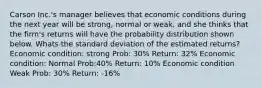 Carson Inc.'s manager believes that economic conditions during the next year will be strong, normal or weak, and she thinks that the firm's returns will have the probability distribution shown below. Whats the standard deviation of the estimated returns? Economic condition: strong Prob: 30% Return: 32% Economic condition: Normal Prob:40% Return: 10% Economic condition Weak Prob: 30% Return: -16%