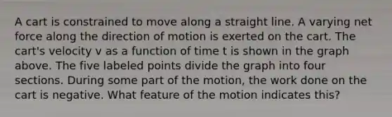 A cart is constrained to move along a straight line. A varying net force along the direction of motion is exerted on the cart. The cart's velocity v as a function of time t is shown in the graph above. The five labeled points divide the graph into four sections. During some part of the motion, the work done on the cart is negative. What feature of the motion indicates this?