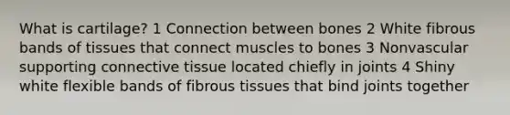 What is cartilage? 1 Connection between bones 2 White fibrous bands of tissues that connect muscles to bones 3 Nonvascular supporting connective tissue located chiefly in joints 4 Shiny white flexible bands of fibrous tissues that bind joints together