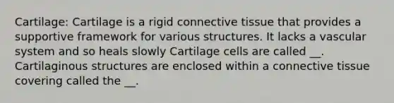 Cartilage: Cartilage is a rigid connective tissue that provides a supportive framework for various structures. It lacks a vascular system and so heals slowly Cartilage cells are called __. Cartilaginous structures are enclosed within a connective tissue covering called the __.