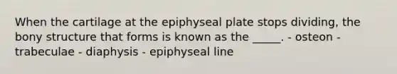 When the cartilage at the epiphyseal plate stops dividing, the bony structure that forms is known as the _____. - osteon - trabeculae - diaphysis - epiphyseal line