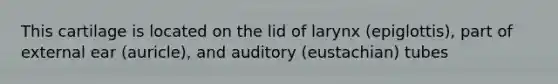 This cartilage is located on the lid of larynx (epiglottis), part of external ear (auricle), and auditory (eustachian) tubes