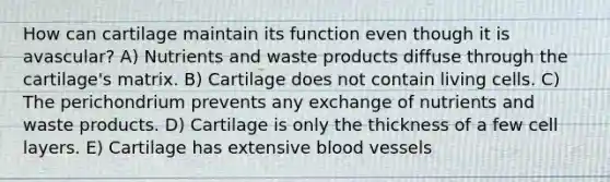 How can cartilage maintain its function even though it is avascular? A) Nutrients and waste products diffuse through the cartilage's matrix. B) Cartilage does not contain living cells. C) The perichondrium prevents any exchange of nutrients and waste products. D) Cartilage is only the thickness of a few cell layers. E) Cartilage has extensive blood vessels