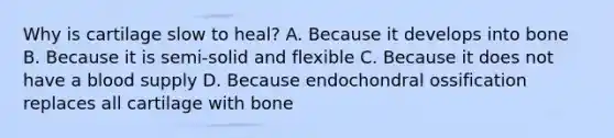 Why is cartilage slow to heal? A. Because it develops into bone B. Because it is semi-solid and flexible C. Because it does not have a blood supply D. Because endochondral ossification replaces all cartilage with bone