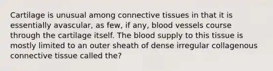 Cartilage is unusual among connective tissues in that it is essentially avascular, as few, if any, blood vessels course through the cartilage itself. The blood supply to this tissue is mostly limited to an outer sheath of dense irregular collagenous connective tissue called the?