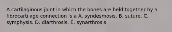 A cartilaginous joint in which the bones are held together by a fibrocartilage connection is a A. syndesmosis. B. suture. C. symphysis. D. diarthrosis. E. synarthrosis.