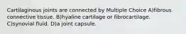 Cartilaginous joints are connected by Multiple Choice A)fibrous connective tissue. B)hyaline cartilage or fibrocartilage. C)synovial fluid. D)a joint capsule.