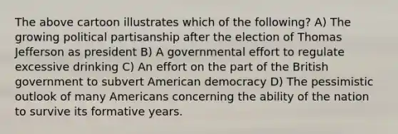 The above cartoon illustrates which of the following? A) The growing political partisanship after the election of Thomas Jefferson as president B) A governmental effort to regulate excessive drinking C) An effort on the part of the British government to subvert American democracy D) The pessimistic outlook of many Americans concerning the ability of the nation to survive its formative years.