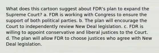 What does this cartoon suggest about FDR's plan to expand the Supreme Court? a. FDR is working with Congress to ensure the support of both political parties. b. The plan will encourage the Court to independently review New Deal legislation. c. FDR is willing to appoint conservative and liberal justices to the Court. d. The plan will allow FDR to choose justices who agree with New Deal legislation.