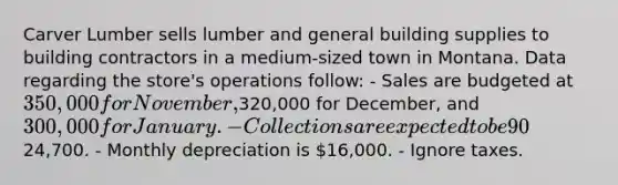 Carver Lumber sells lumber and general building supplies to building contractors in a medium-sized town in Montana. Data regarding the store's operations follow: - Sales are budgeted at 350,000 for November,320,000 for December, and 300,000 for January. - Collections are expected to be 90% in the month of sale, 8% in the month following the sale, and 2% uncollectible. - The cost of goods sold is 75% of sales. - The company purchases 60% of its merchandise in the month prior to the month of sale and 40% in the month of sale. Payment for merchandise is made in the month following the purchase. - Other monthly expenses to be paid in cash are24,700. - Monthly depreciation is 16,000. - Ignore taxes.