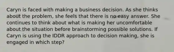 Caryn is faced with making a business decision. As she thinks about the problem, she feels that there is no easy answer. She continues to think about what is making her uncomfortable about the situation before brainstorming possible solutions. If Caryn is using the IDDR approach to decision making, she is engaged in which step?