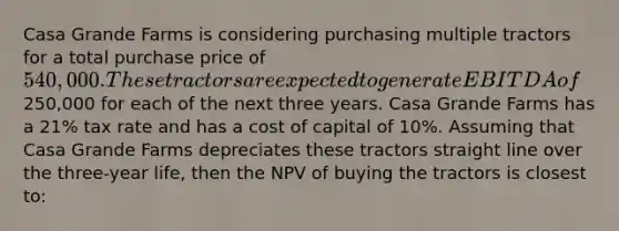 Casa Grande Farms is considering purchasing multiple tractors for a total purchase price of 540,000. These tractors are expected to generate EBITDA of250,000 for each of the next three years. Casa Grande Farms has a 21% tax rate and has a cost of capital of 10%. Assuming that Casa Grande Farms depreciates these tractors straight line over the three-year life, then the NPV of buying the tractors is closest to: