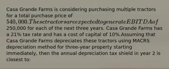 Casa Grande Farms is considering purchasing multiple tractors for a total purchase price of 540,000. These tractors are expected to generate EBITDA of250,000 for each of the next three years. Casa Grande Farms has a 21% tax rate and has a cost of capital of 10%.Assuming that Casa Grande Farms depreciates these tractors using MACRS depreciation method for three-year property starting immediately, then the annual depreciation tax shield in year 2 is closest to: