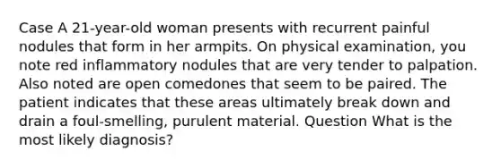 Case A 21-year-old woman presents with recurrent painful nodules that form in her armpits. On physical examination, you note red inflammatory nodules that are very tender to palpation. Also noted are open comedones that seem to be paired. The patient indicates that these areas ultimately break down and drain a foul-smelling, purulent material. Question What is the most likely diagnosis?