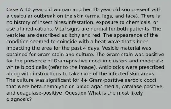 Case A 30-year-old woman and her 10-year-old son present with a vesicular outbreak on the skin (arms, legs, and face). There is no history of insect bites/infestation, exposure to chemicals, or use of medications. Vital signs are normal for both patients. The vesicles are described as itchy and red. The appearance of the condition seemed to coincide with a heat wave that's been impacting the area for the past 4 days. Vesicle material was obtained for Gram stain and culture. The Gram stain was positive for the presence of Gram-positive cocci in clusters and moderate white blood cells (refer to the image). Antibiotics were prescribed along with instructions to take care of the infected skin areas. The culture was significant for 4+ Gram-positive aerobic cocci that were beta-hemolytic on blood agar media, catalase-positive, and coagulase-positive. Question What is the most likely diagnosis?