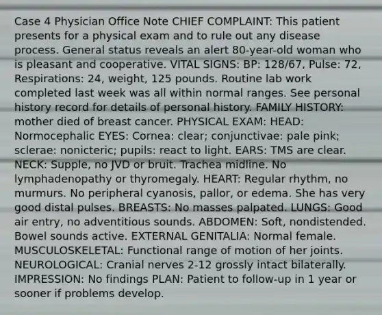 Case 4 Physician Office Note CHIEF COMPLAINT: This patient presents for a physical exam and to rule out any disease process. General status reveals an alert 80-year-old woman who is pleasant and cooperative. VITAL SIGNS: BP: 128/67, Pulse: 72, Respirations: 24, weight, 125 pounds. Routine lab work completed last week was all within normal ranges. See personal history record for details of personal history. FAMILY HISTORY: mother died of breast cancer. PHYSICAL EXAM: HEAD: Normocephalic EYES: Cornea: clear; conjunctivae: pale pink; sclerae: nonicteric; pupils: react to light. EARS: TMS are clear. NECK: Supple, no JVD or bruit. Trachea midline. No lymphadenopathy or thyromegaly. HEART: Regular rhythm, no murmurs. No peripheral cyanosis, pallor, or edema. She has very good distal pulses. BREASTS: No masses palpated. LUNGS: Good air entry, no adventitious sounds. ABDOMEN: Soft, nondistended. Bowel sounds active. EXTERNAL GENITALIA: Normal female. MUSCULOSKELETAL: Functional range of motion of her joints. NEUROLOGICAL: Cranial nerves 2-12 grossly intact bilaterally. IMPRESSION: No findings PLAN: Patient to follow-up in 1 year or sooner if problems develop.