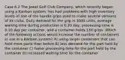 Case 6.2 The Jewel Golf Club Company, which recently began using a Kanban system, has had problems with high inventory levels of one of the handle grips used to make several versions of its clubs. Daily demand for the grip is 3000 units, average waiting time during production is 0.20 day, processing time is 0.10 day per container, and a container holds 150 grips. Which of the following actions would increase the number of containers in use in a Kanban system? A) using larger containers that can hold more parts than before B) less demand for the part held by the container C) faster processing time for the part held by the container D) increased waiting time for the container