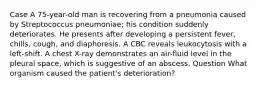 Case A 75-year-old man is recovering from a pneumonia caused by Streptococcus pneumoniae; his condition suddenly deteriorates. He presents after developing a persistent fever, chills, cough, and diaphoresis. A CBC reveals leukocytosis with a left-shift. A chest X-ray demonstrates an air-fluid level in the pleural space, which is suggestive of an abscess. Question What organism caused the patient's deterioration?