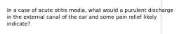 In a case of acute otitis media, what would a purulent discharge in the external canal of the ear and some pain relief likely indicate?