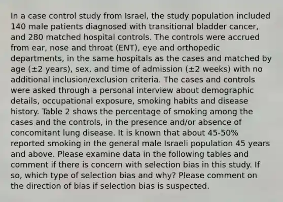 In a case control study from Israel, the study population included 140 male patients diagnosed with transitional bladder cancer, and 280 matched hospital controls. The controls were accrued from ear, nose and throat (ENT), eye and orthopedic departments, in the same hospitals as the cases and matched by age (±2 years), sex, and time of admission (±2 weeks) with no additional inclusion/exclusion criteria. The cases and controls were asked through a personal interview about demographic details, occupational exposure, smoking habits and disease history. Table 2 shows the percentage of smoking among the cases and the controls, in the presence and/or absence of concomitant lung disease. It is known that about 45-50% reported smoking in the general male Israeli population 45 years and above. Please examine data in the following tables and comment if there is concern with selection bias in this study. If so, which type of selection bias and why? Please comment on the direction of bias if selection bias is suspected.