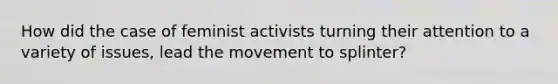 How did the case of feminist activists turning their attention to a variety of issues, lead the movement to splinter?