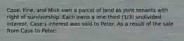 Case, Fine, and Mick own a parcel of land as joint tenants with right of survivorship. Each owns a one-third (1/3) undivided interest. Case's interest was sold to Peter. As a result of the sale from Case to Peter: