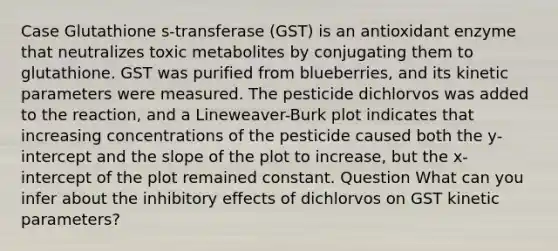 Case Glutathione s-transferase (GST) is an antioxidant enzyme that neutralizes toxic metabolites by conjugating them to glutathione. GST was purified from blueberries, and its kinetic parameters were measured. The pesticide dichlorvos was added to the reaction, and a Lineweaver-Burk plot indicates that increasing concentrations of the pesticide caused both the y-intercept and the slope of the plot to increase, but the x-intercept of the plot remained constant. Question What can you infer about the inhibitory effects of dichlorvos on GST kinetic parameters?