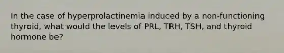 In the case of hyperprolactinemia induced by a non-functioning thyroid, what would the levels of PRL, TRH, TSH, and thyroid hormone be?