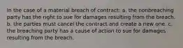 In the case of a material breach of contract: a. the nonbreaching party has the right to sue for damages resulting from the breach. b. the parties must cancel the contract and create a new one. c. the breaching party has a cause of action to sue for damages resulting from the breach.