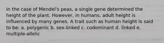 in the case of Mendel's peas, a single gene determined the height of the plant. However, in humans, adult height is influenced by many genes. A trait such as human height is said to be: a. polygenic b. sex-linked c. codominant d. linked e. multiple-allelic