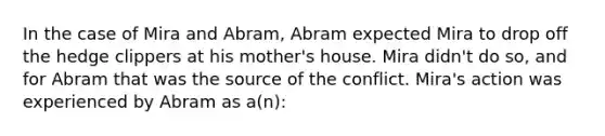 In the case of Mira and Abram, Abram expected Mira to drop off the hedge clippers at his mother's house. Mira didn't do so, and for Abram that was the source of the conflict. Mira's action was experienced by Abram as a(n):