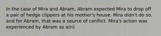 In the case of Mira and Abram, Abram expected Mira to drop off a pair of hedge clippers at his mother's house. Mira didn't do so, and for Abram, that was a source of conflict. Mira's action was experienced by Abram as a(n)