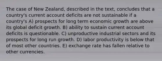 The case of New Zealand, described in the text, concludes that a country's current account deficits are not sustainable if a country's A) prospects for long term economic growth are above its global deficit growth. B) ability to sustain current account deficits is questionable. C) unproductive industrial sectors and its prospects for long run growth. D) labor productivity is below that of most other countries. E) exchange rate has fallen relative to other currencies.